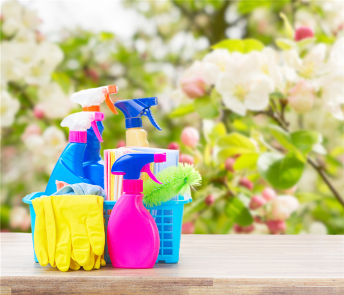 Cleaning supplies with floral background 